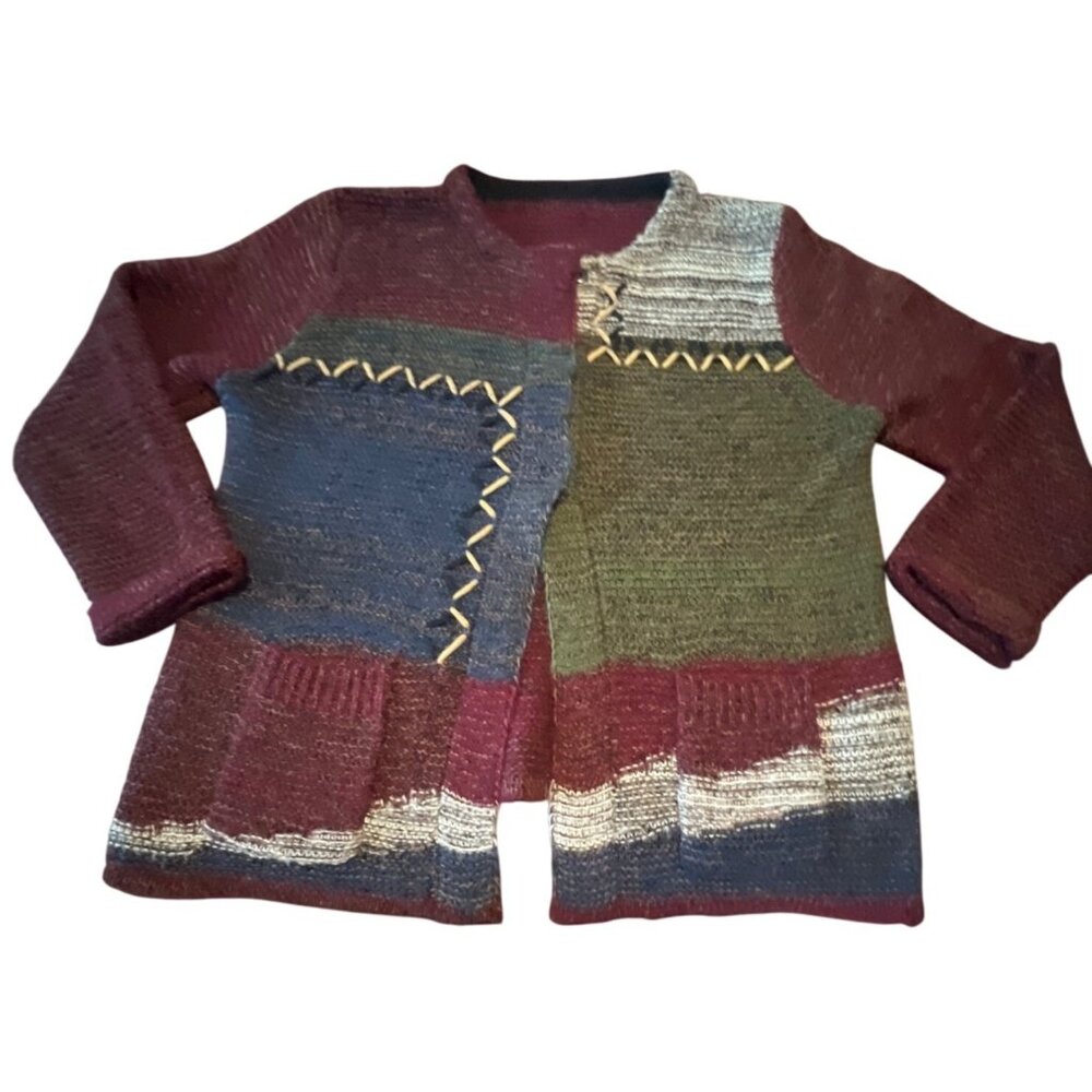 Handcrafted Patchwork Knit Cardigan 3 Snap Button Multicolor Design Angora Blend
